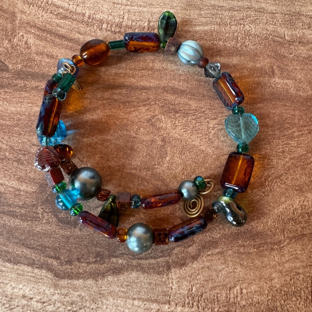 Artisan Glass Bead Wire Wrapped Bracelet Blue Red Boho Hippie Southwestern